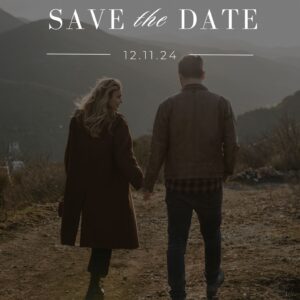 Bride and groom walking on a mountain trail in warm light for a rustic Save the Date announcement