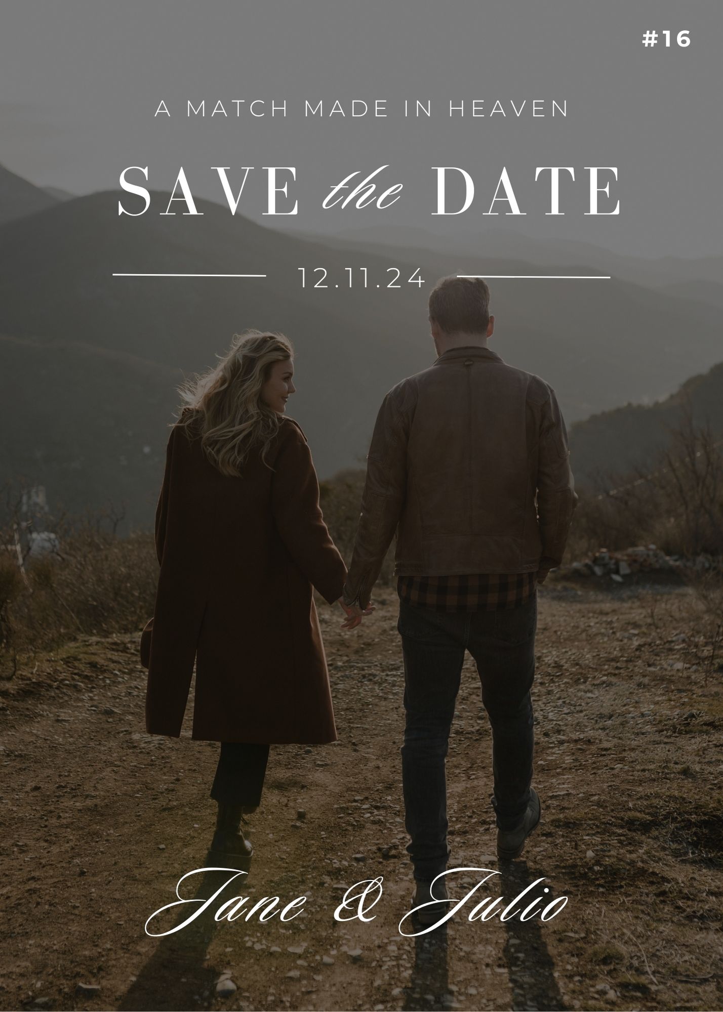 Bride and groom walking on a mountain trail in warm light for a rustic Save the Date announcement
