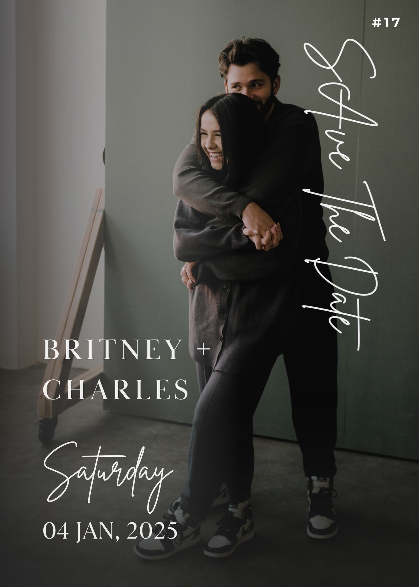 Romantic modern Save the Date card with couple hugging in cozy indoor setting.