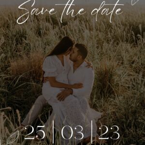 Maria and Mark Save the Date card with golden field backdrop and intimate pose.