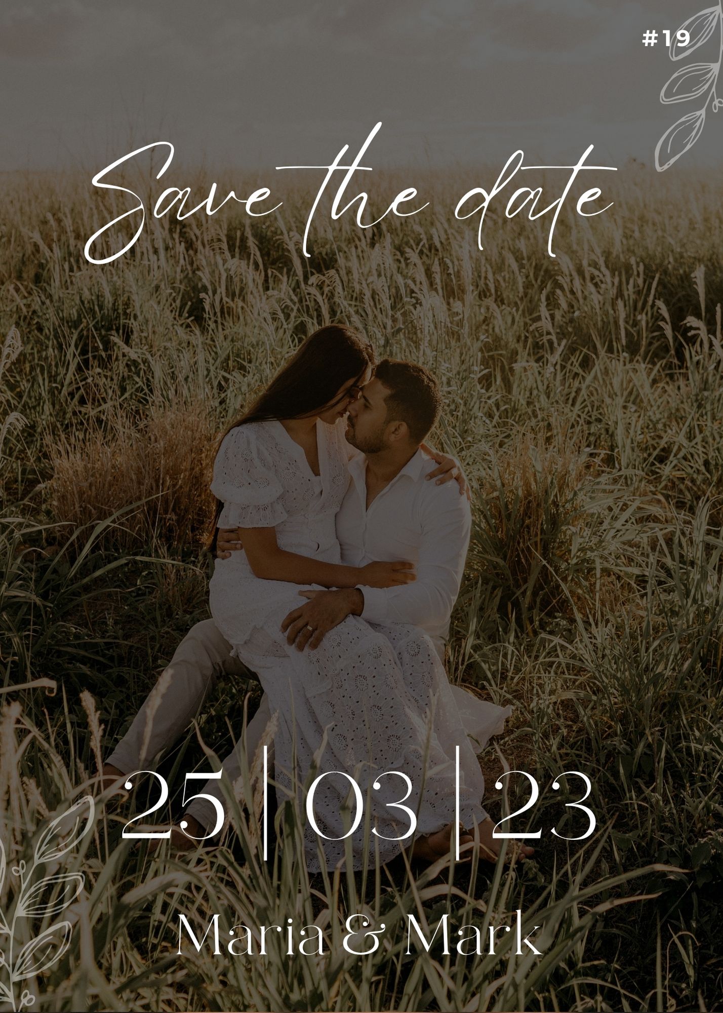 Maria and Mark Save the Date card with golden field backdrop and intimate pose.