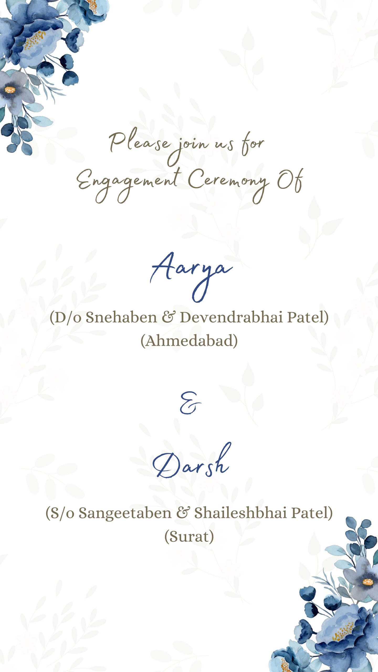 Engagement ceremony text in blue floral card