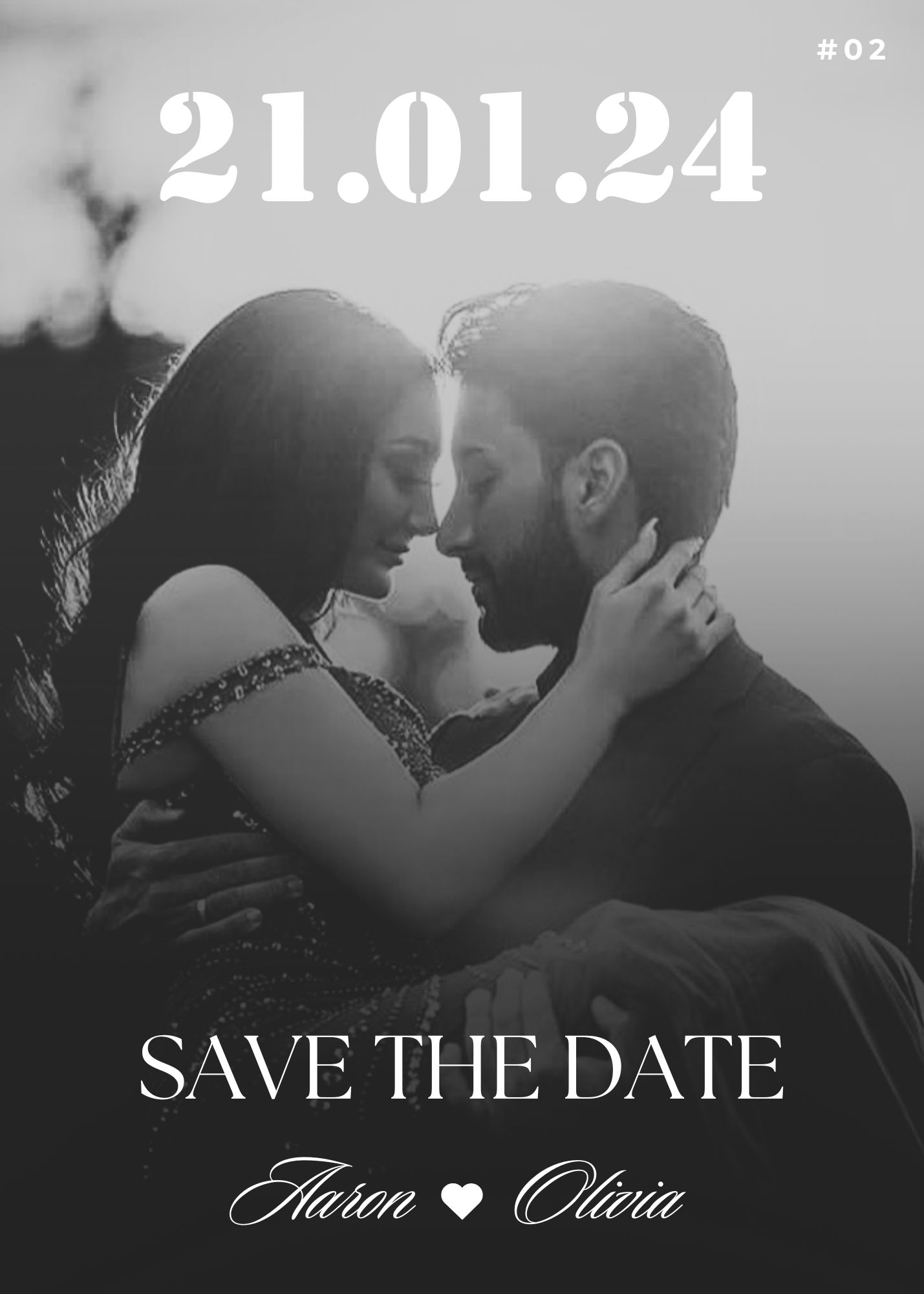 Romantic black and white Save the Date invitation with intimate couple portrait