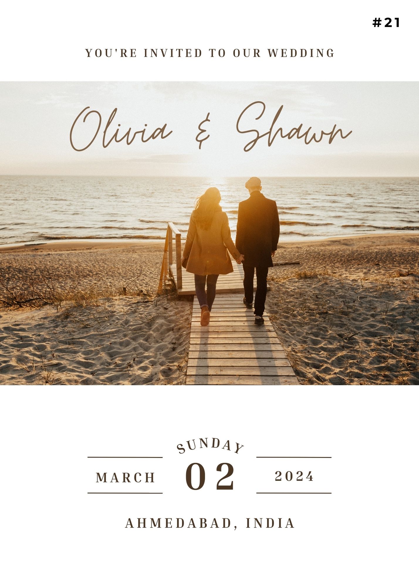 Save the Date beach wedding invitation featuring Olivia & Shawn walking at sunset.