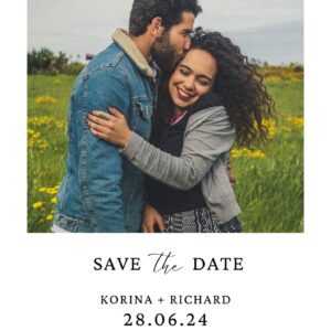 Korina and Richard Save the Date card with romantic outdoor photo