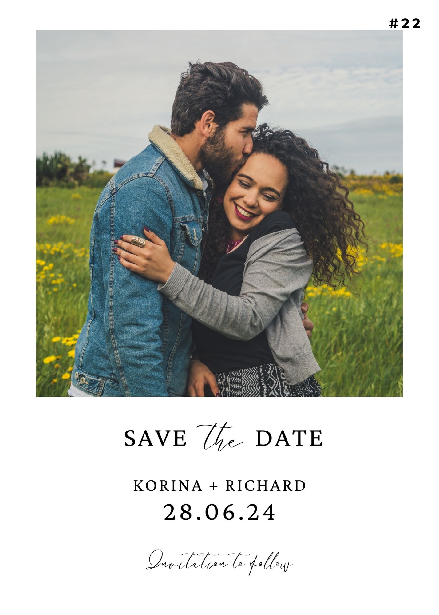 Korina and Richard Save the Date card with romantic outdoor photo