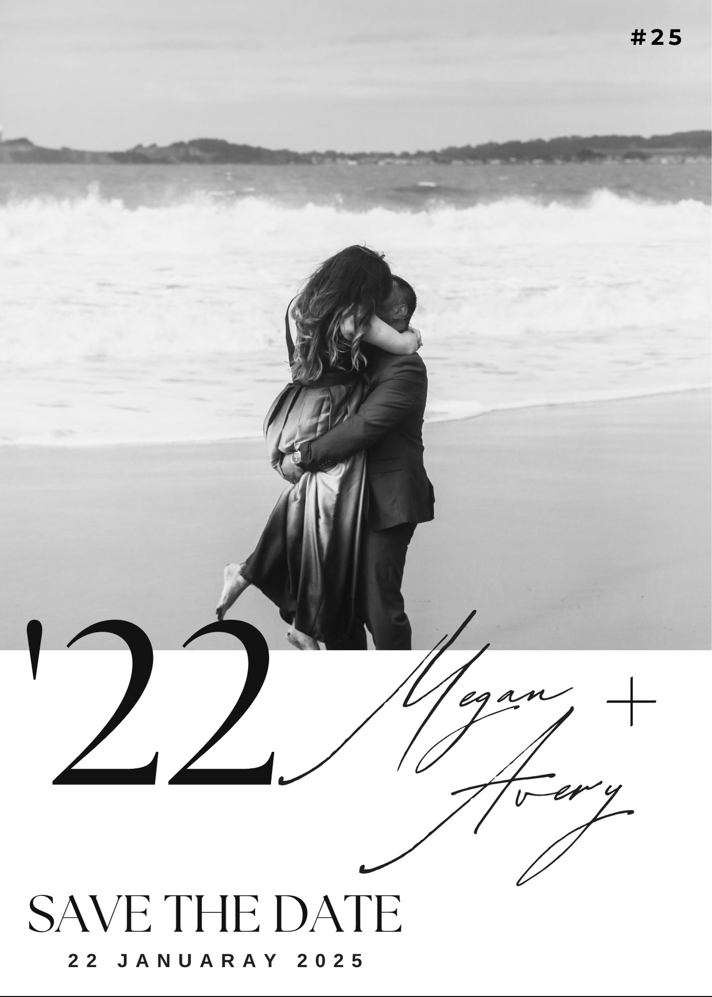 Minimalist black and white beach Save the Date featuring Megan & Avery in a romantic pose