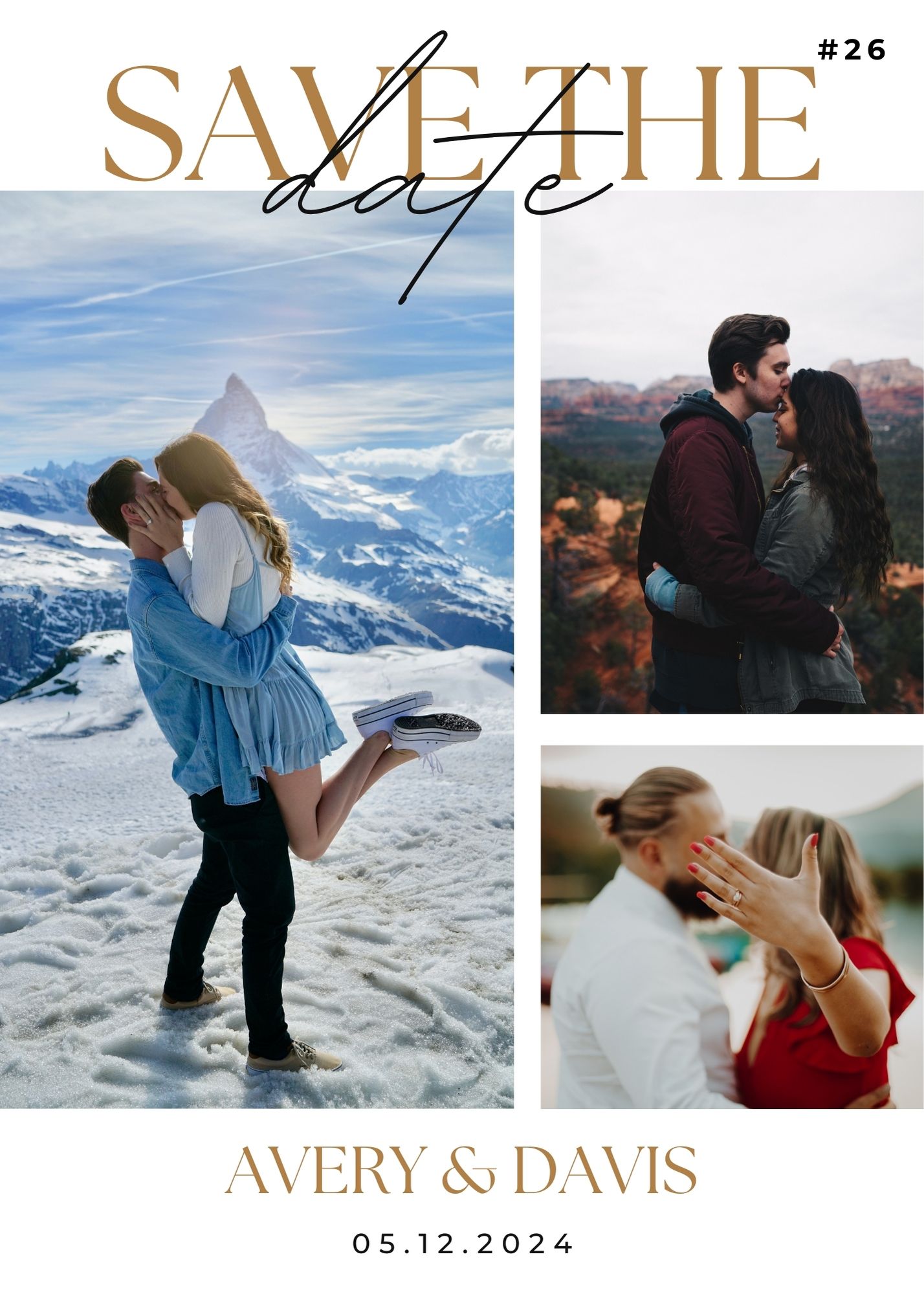 Elegant collage Save the Date card featuring Avery and Davis with snow, romance, and proposal moments.
