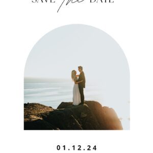 Save the Date card with Avery and Davis standing by the ocean at sunset