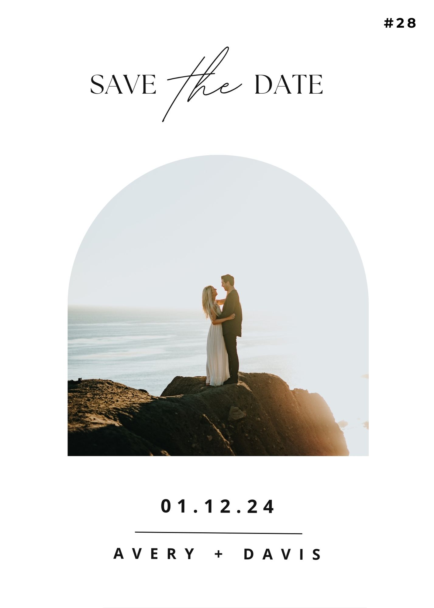 Save the Date card with Avery and Davis standing by the ocean at sunset