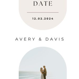 Avery and Davis Save the Date card with romantic ocean background and soft beige layout