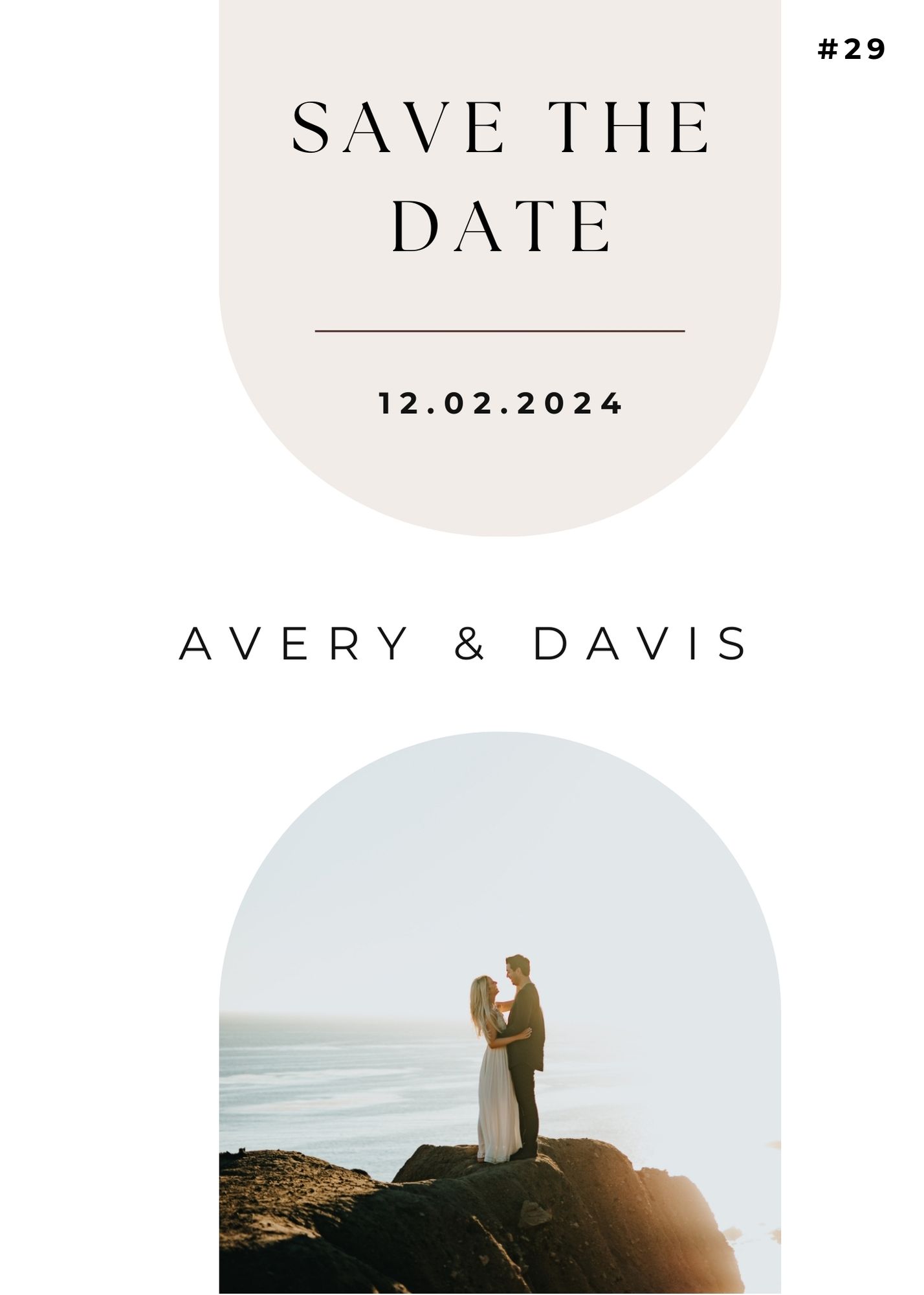 Avery and Davis Save the Date card with romantic ocean background and soft beige layout