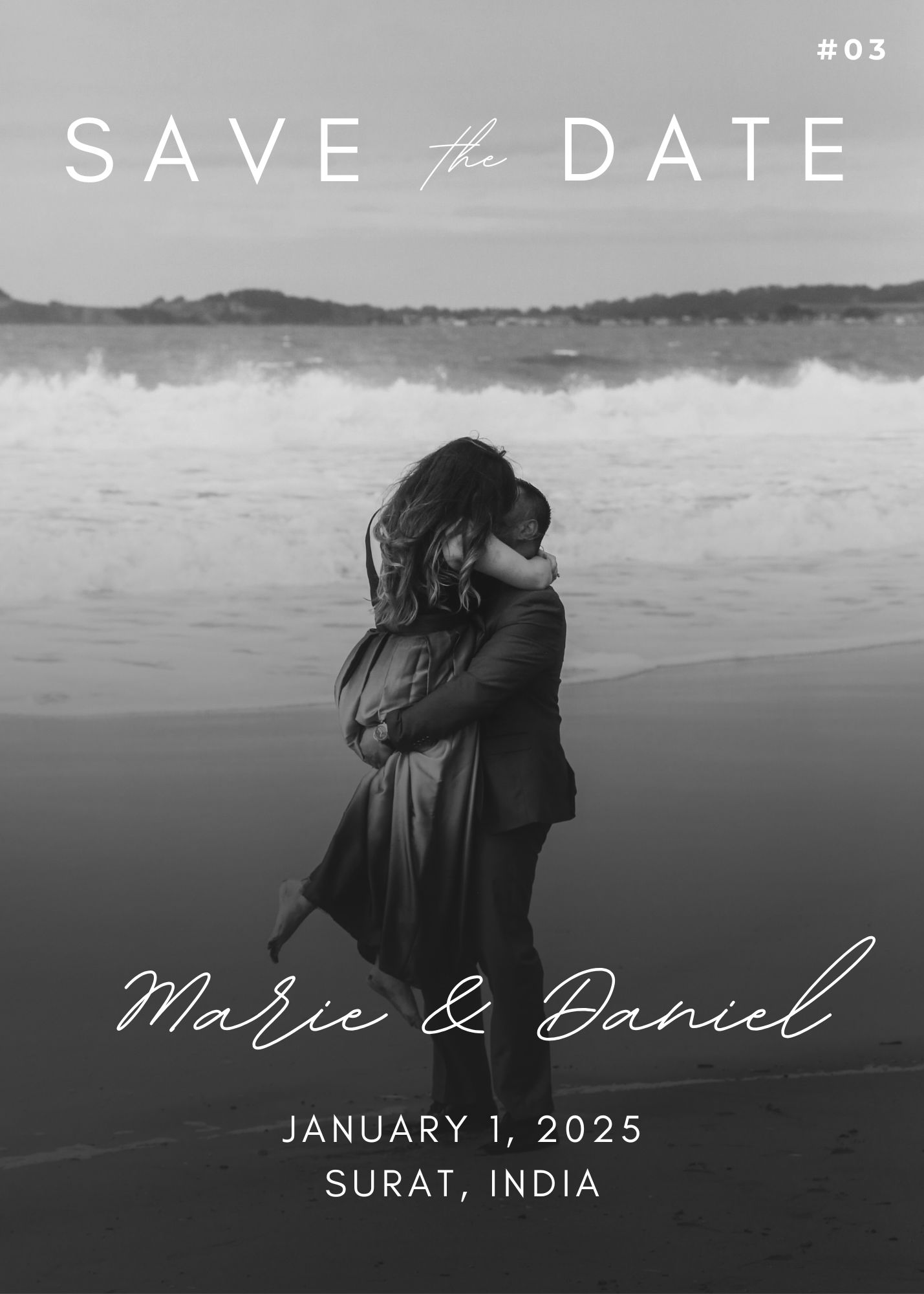 Romantic beach Save the Date wedding invite in black and white featuring a couple hugging by the ocean