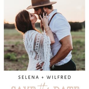 Boho Save the Date card with couple in a field during sunset, Selena and Wilfred