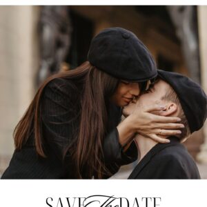 Harper & Charlie Save the Date wedding card with romantic photo and vintage outfit.