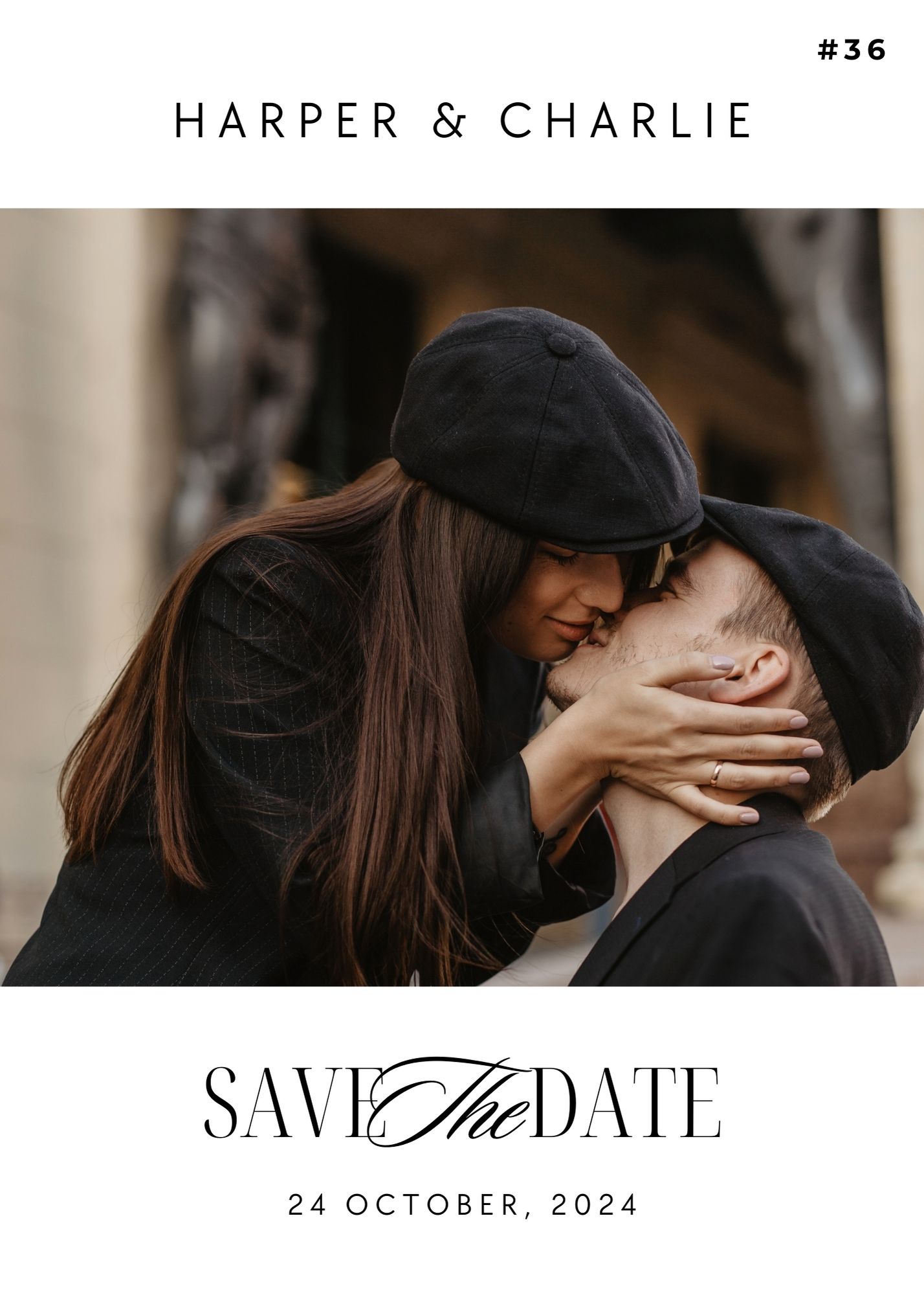 Harper & Charlie Save the Date wedding card with romantic photo and vintage outfit.