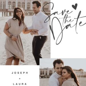 Harper & Charlie Save the Date wedding card with romantic photo and vintage outfit.