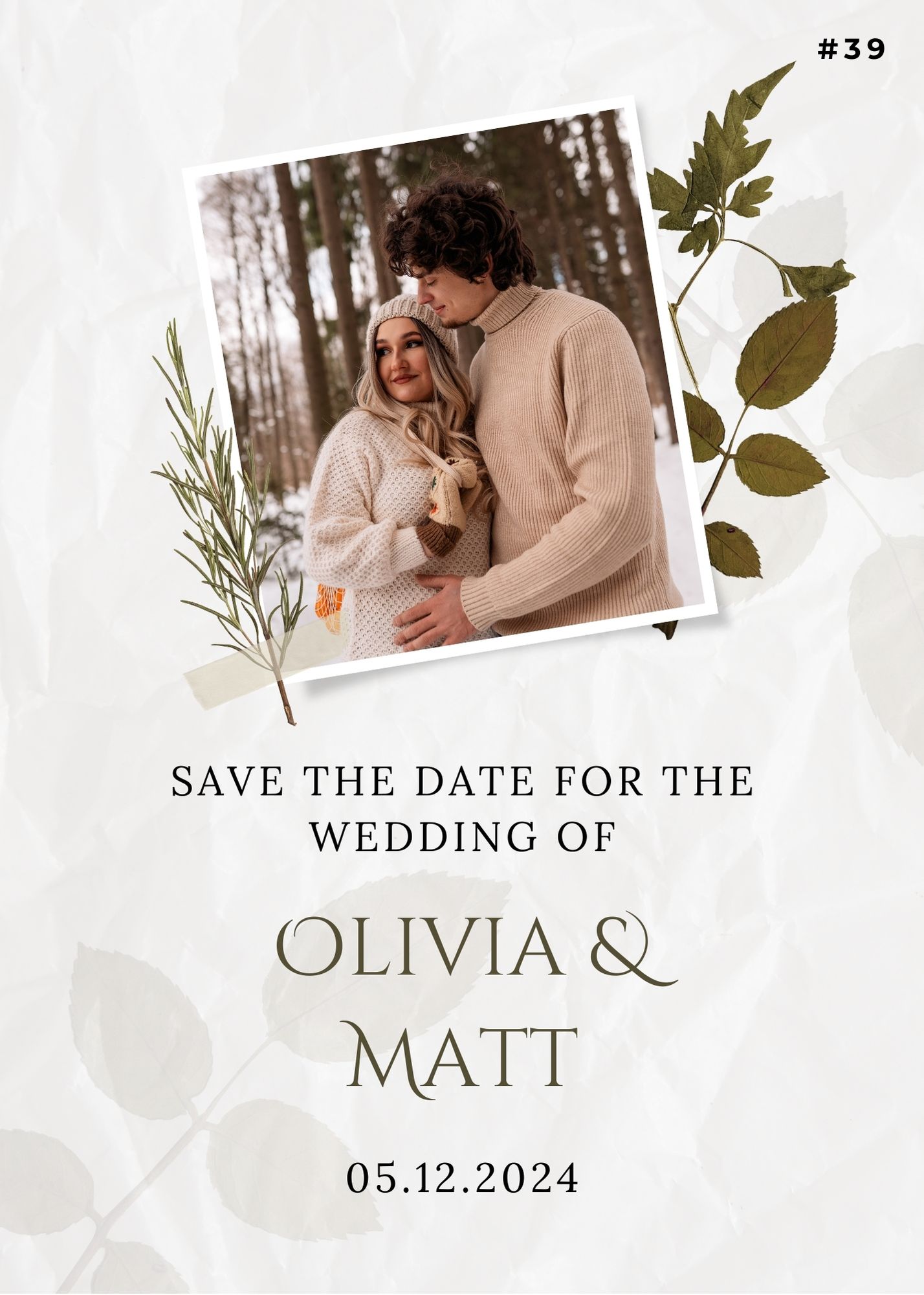 Rustic winter Save the Date invitation for Olivia and Matt’s December wedding in a snowy forest.
