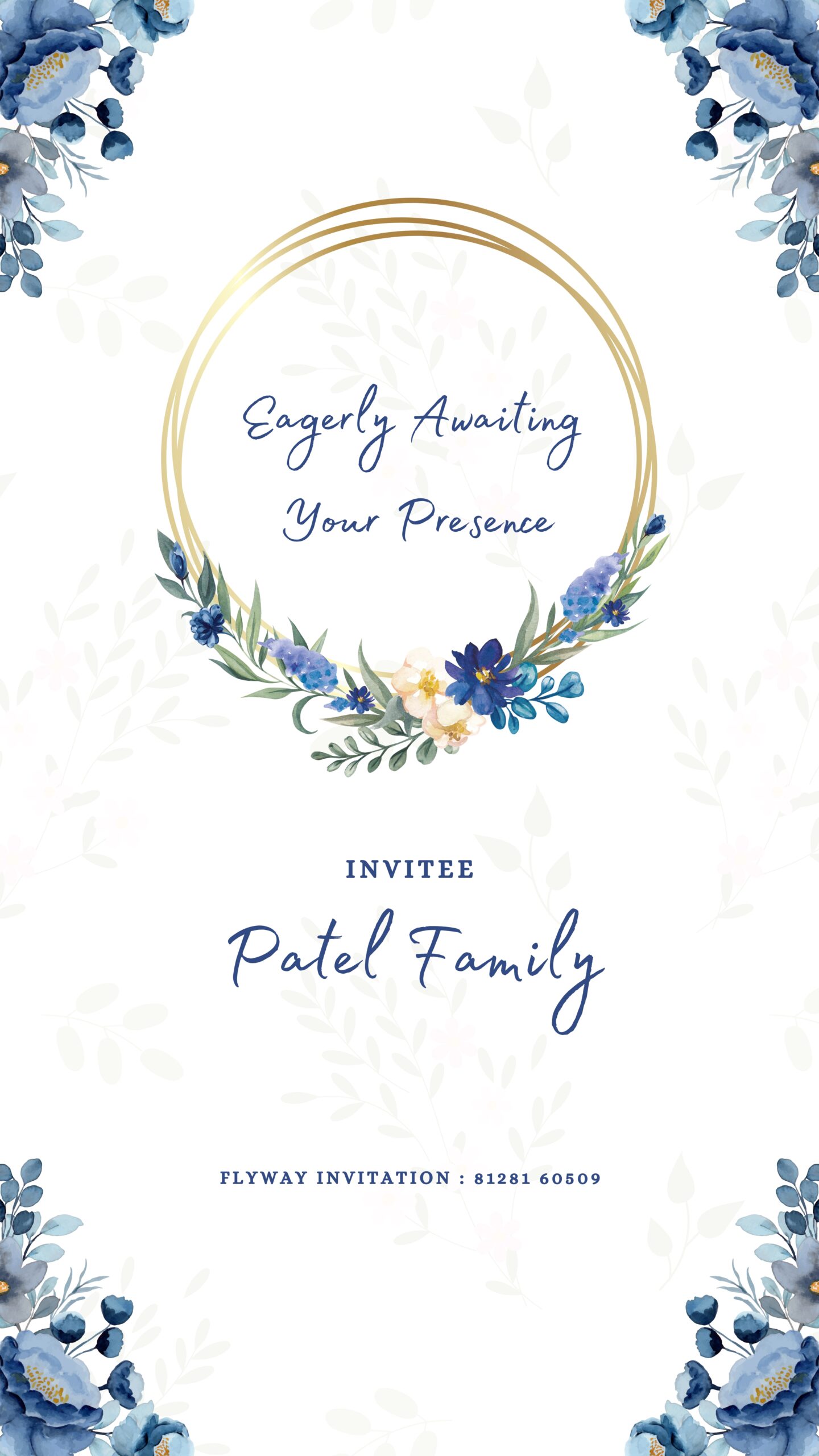 Thank you note with blue floral wreath and family name