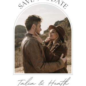 Minimal Save the Date digital card with Talia and Heath in a romantic fall setting.