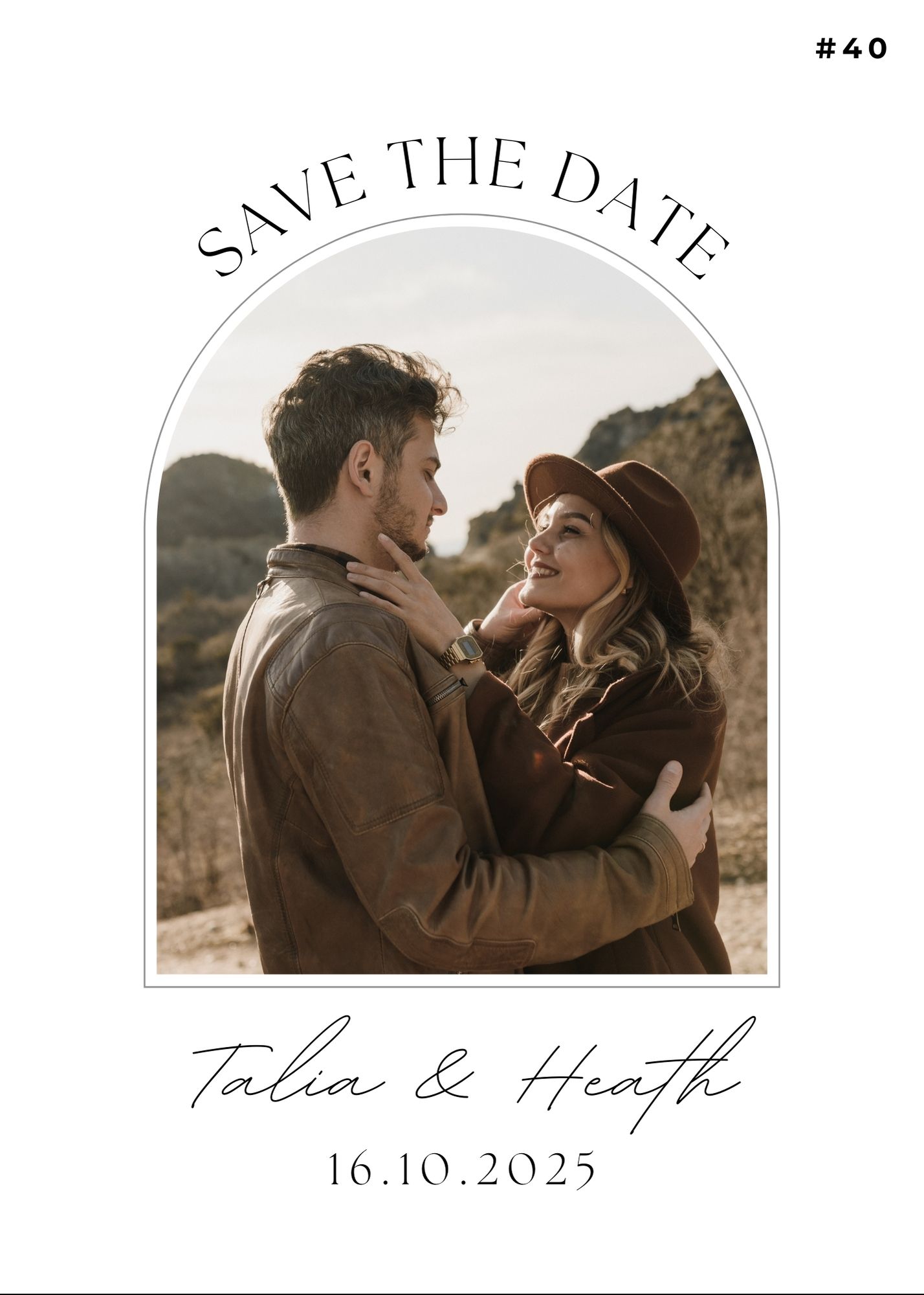 Minimal Save the Date digital card with Talia and Heath in a romantic fall setting.