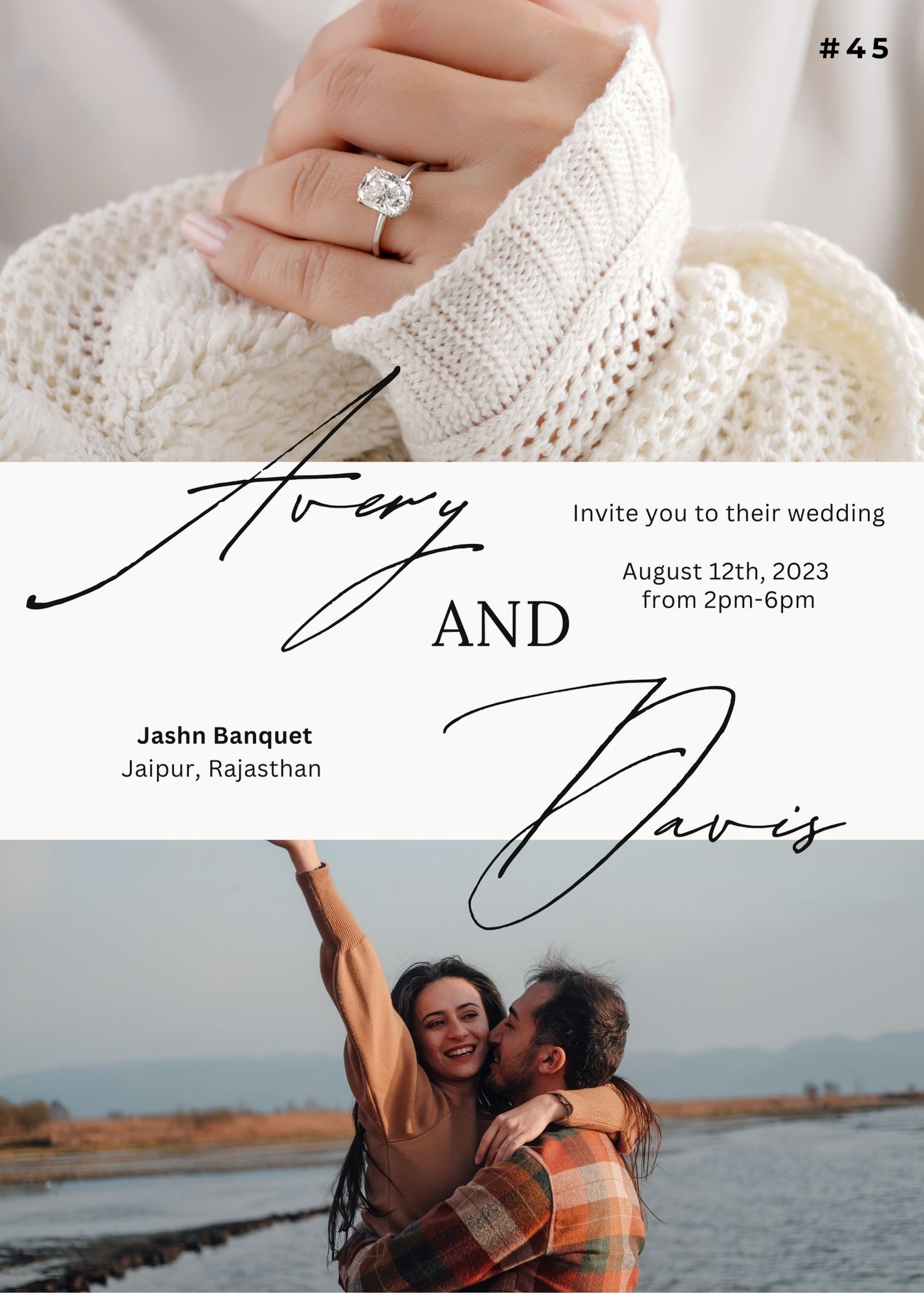 Avery & Davis Save the Date wedding invitation with soft-toned couple photos and minimal elegant typography.