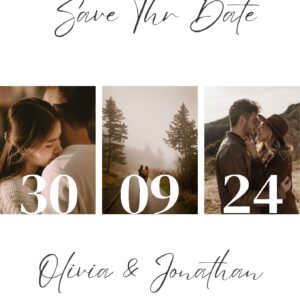 Photo grid Save the Date card for Olivia & Jonathan with wedding date 30.09.2024.