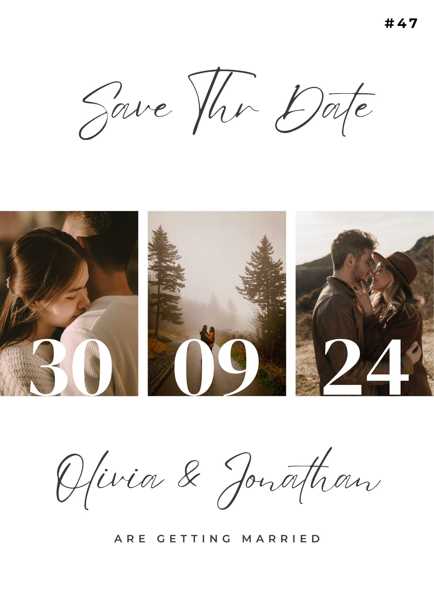 Photo grid Save the Date card for Olivia & Jonathan with wedding date 30.09.2024.