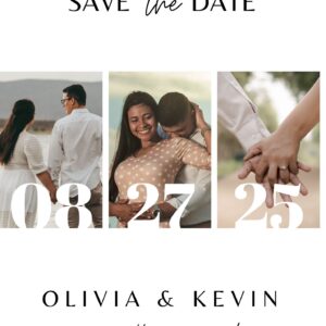 Modern Save the Date card featuring Olivia & Kevin with photo grid and wedding date