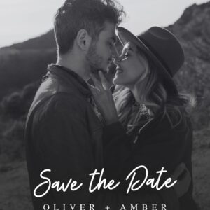 Rustic black and white Save the Date wedding invite with couple in mountain background
