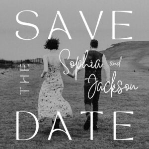 Black and white Save the Date wedding card with couple running hand in hand