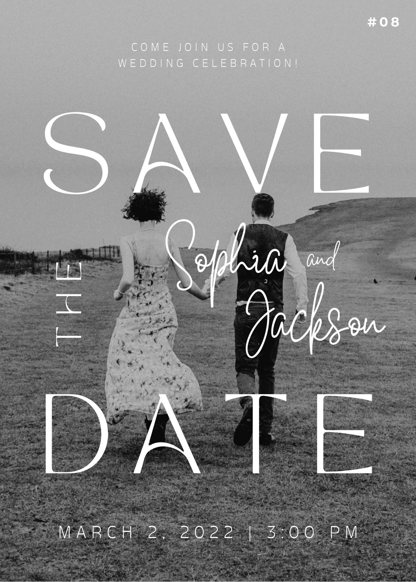 Black and white Save the Date wedding card with couple running hand in hand