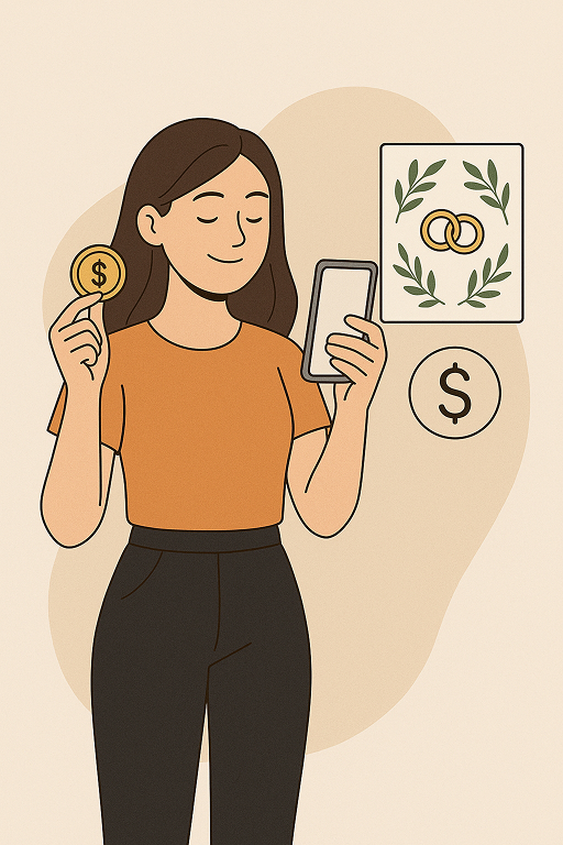 Woman holding phone and coin next to an invitation design, illustrating mobile-friendly e-invite ordering