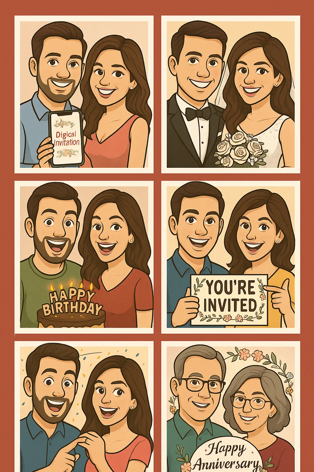 Cartoon couples in celebration scenes for digital invitations