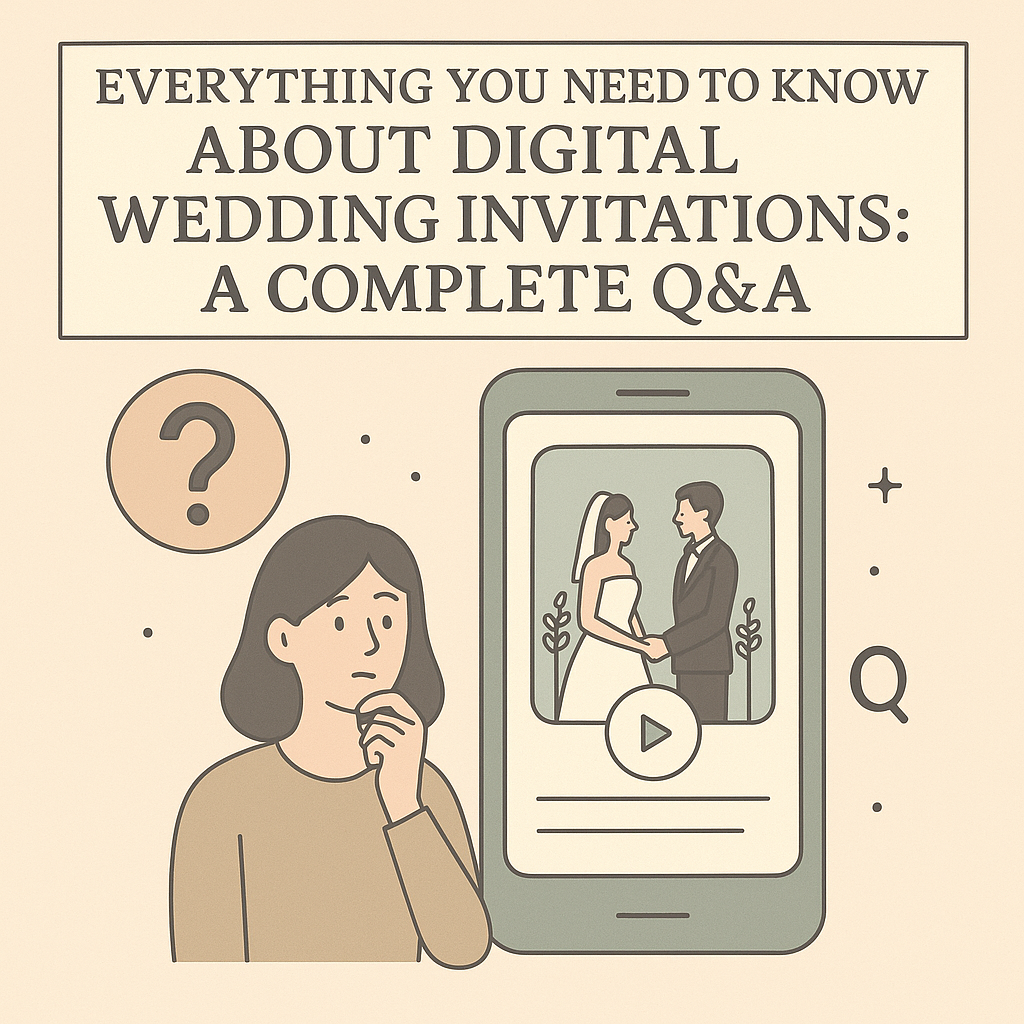 Flat-style illustration showing a woman thinking next to a digital wedding invite on phone, titled Q&A about digital wedding invitations
