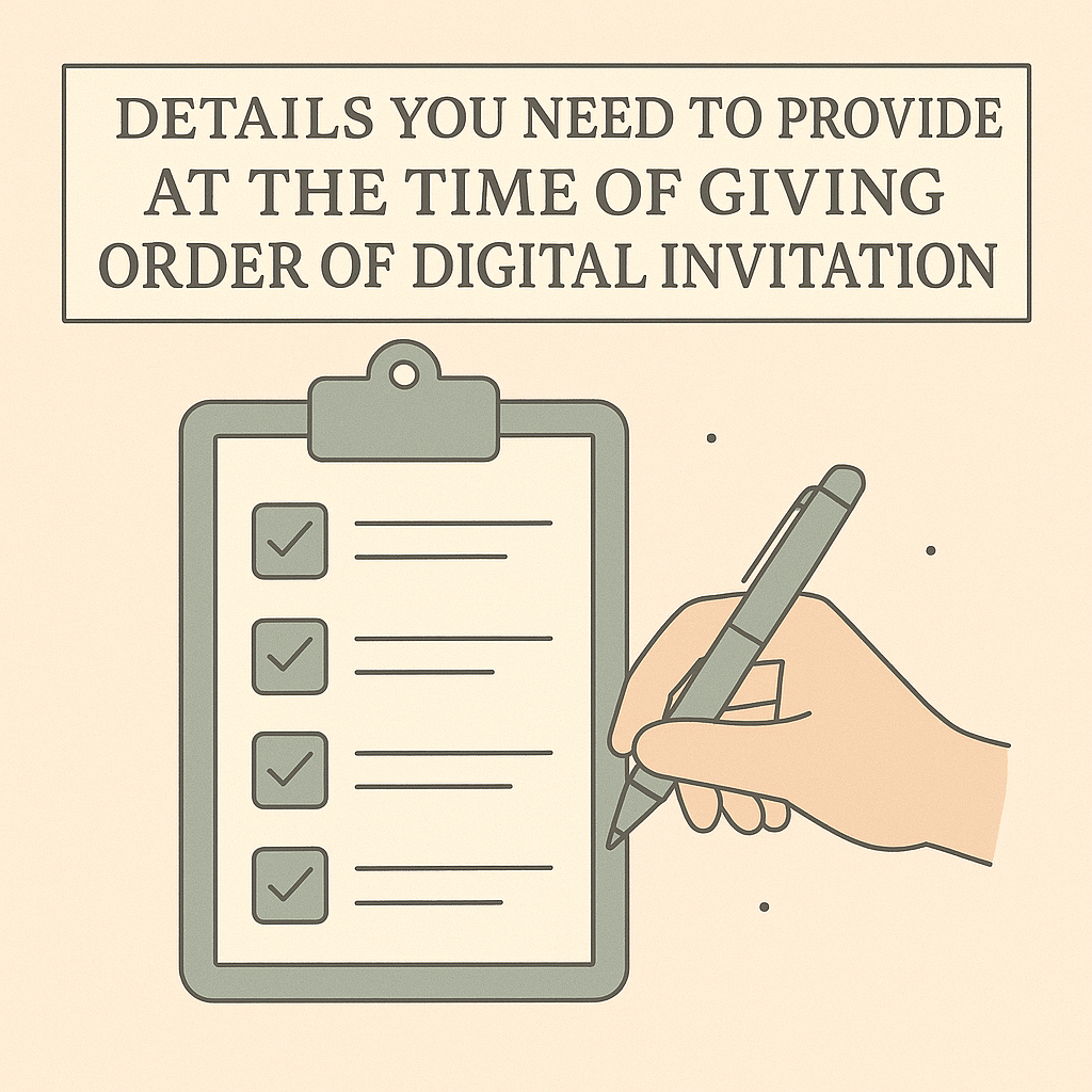 Flat-style illustration of a checklist on a clipboard with a hand writing, representing order details for digital invitations