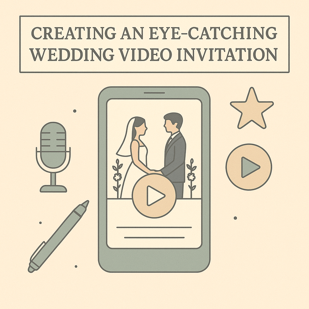 Flat-style illustration of a smartphone showing a wedding couple with play button, microphone, pen, and star icons for video invitation creation