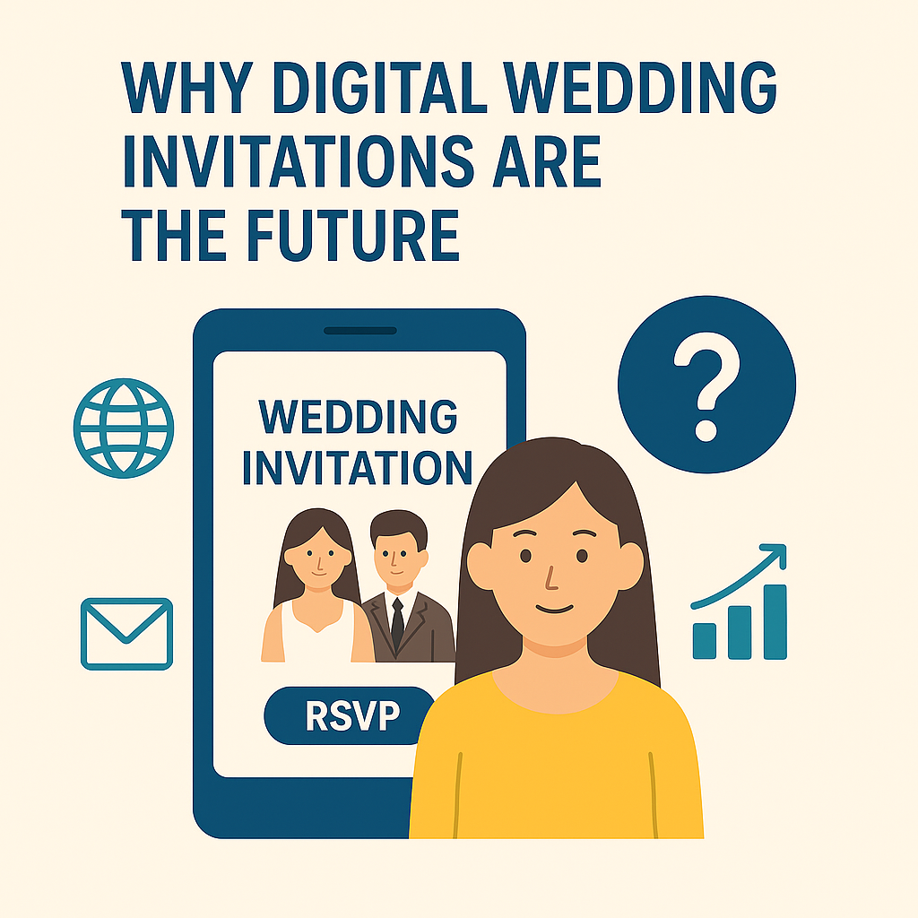 Flat-style illustration of a woman with a smartphone displaying a wedding invitation and icons for email, internet, and growth