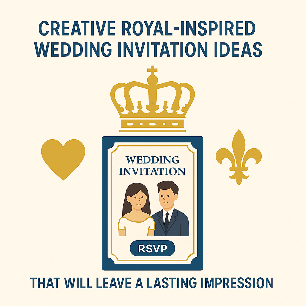 Flat illustration of a royal-themed wedding invitation with a crown, heart, fleur-de-lis, and RSVP button