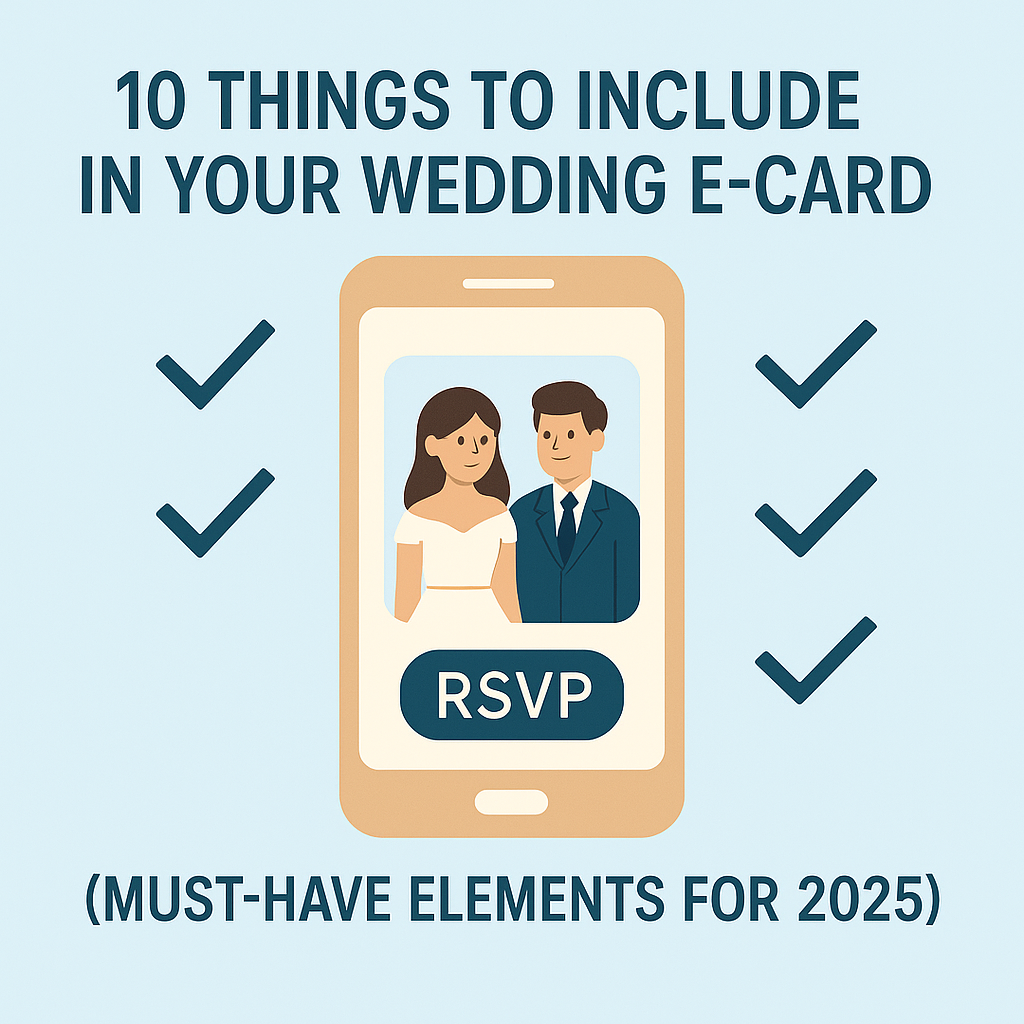 Flat-style infographic showing a wedding e-card on a smartphone with RSVP and checkmarks