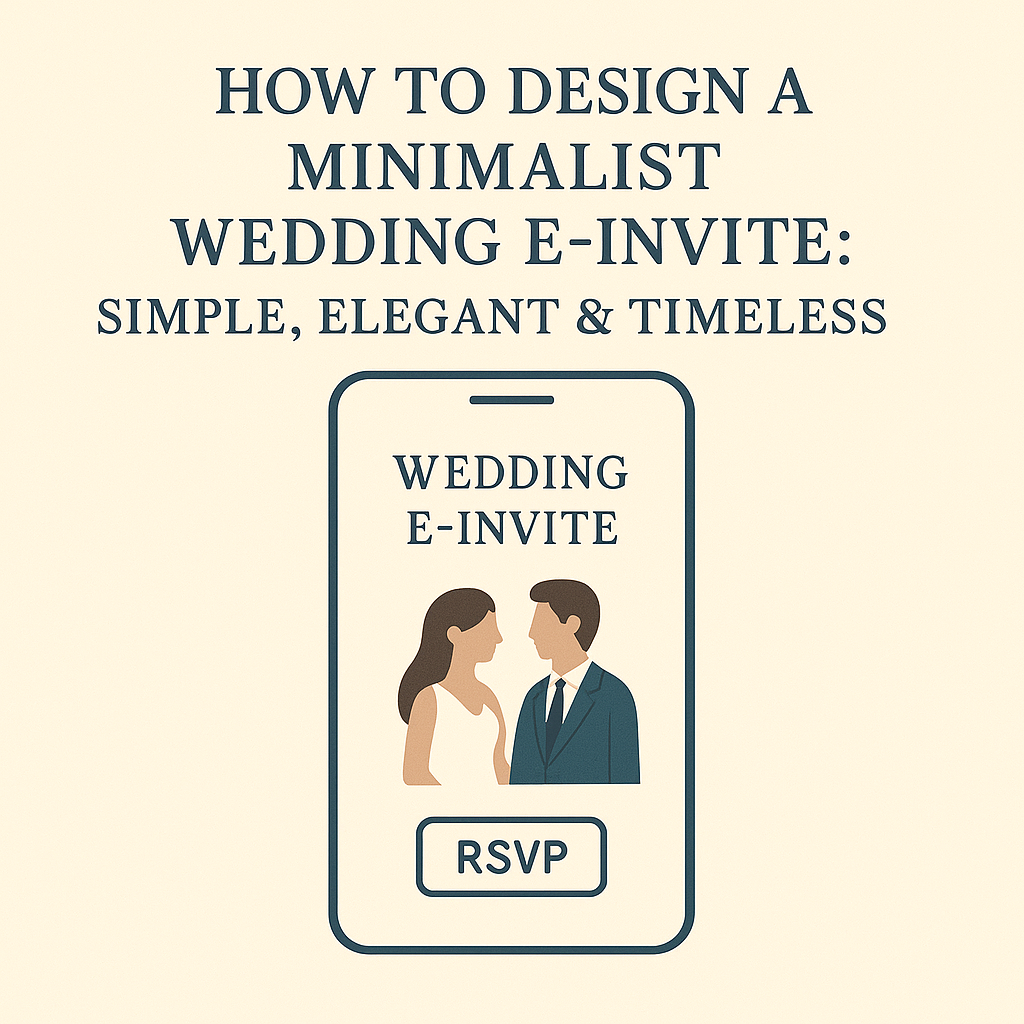 Minimalist flat illustration of a smartphone showing a wedding e-invite with RSVP button and elegant couple