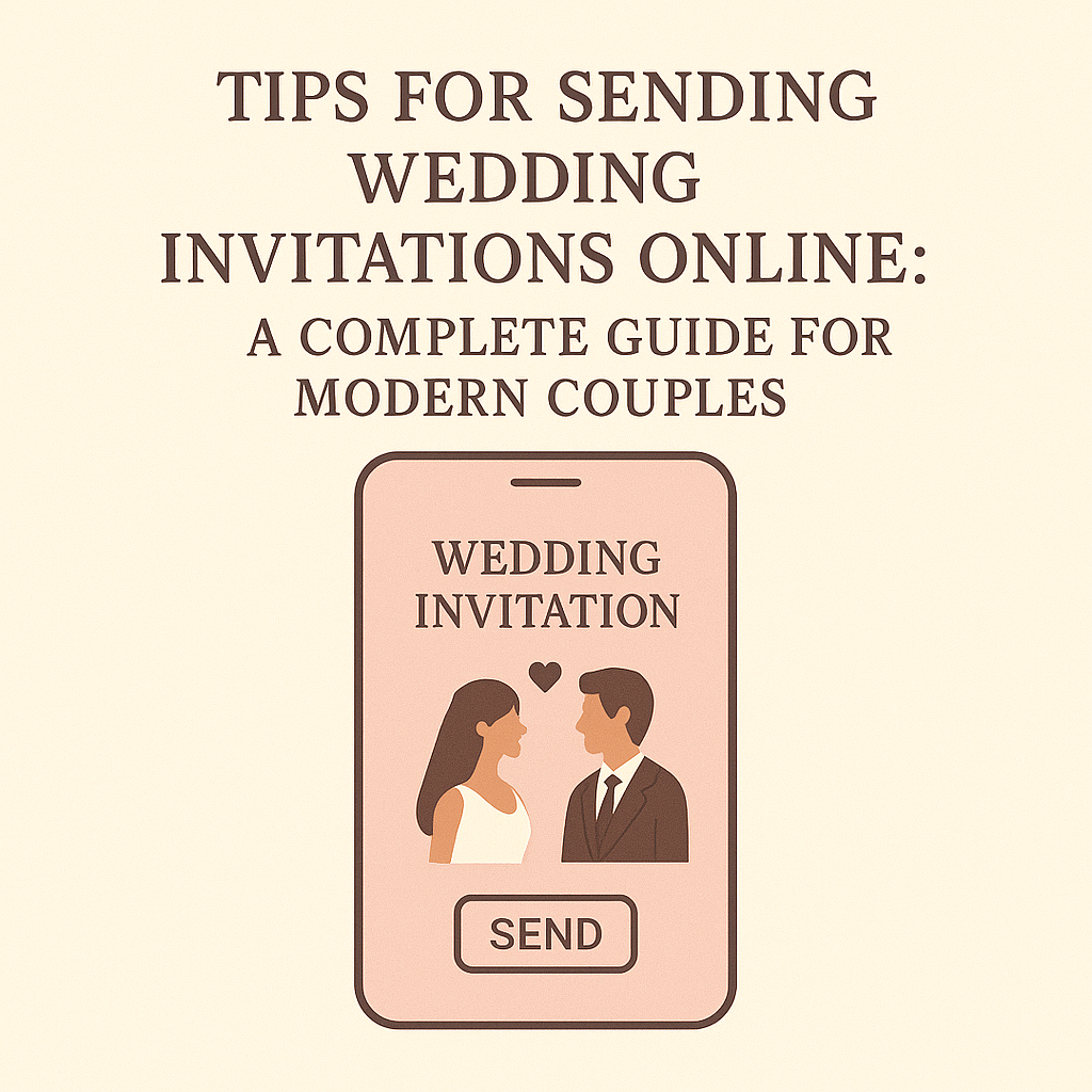 Flat illustration of a smartphone displaying a wedding invitation with a "Send" button and a modern couple