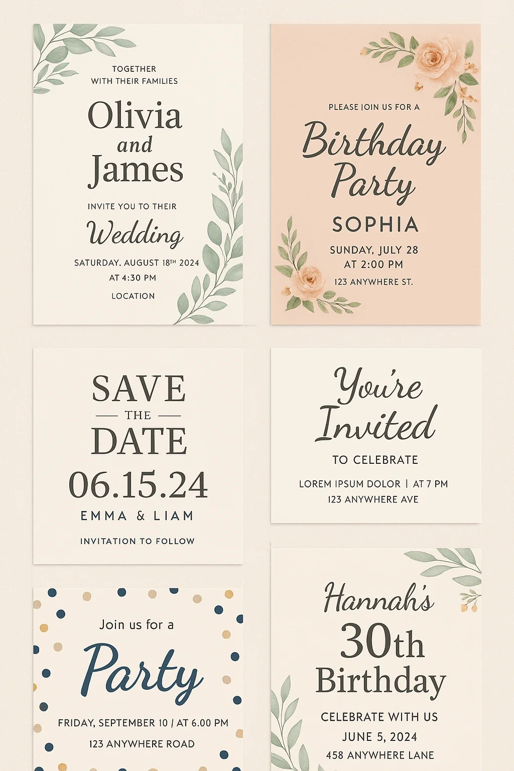 Collection of digital invitation cards for various occasions