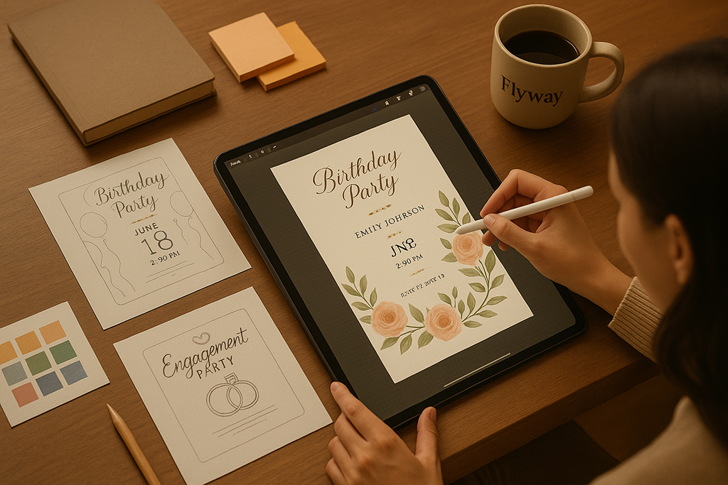 Creative invitation design in progress for a birthday party on a tablet with floral accents and event sketches on a wooden desk