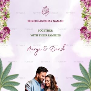 Lavender garden couple invite with floral chandeliers and peacocks