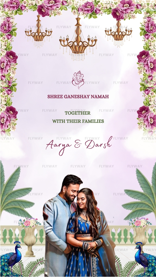 Lavender garden couple invite with floral chandeliers and peacocks