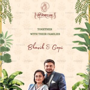 Royal engagement card with couple photo, jhumars, and Mughal theme