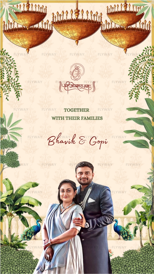 Royal engagement card with couple photo, jhumars, and Mughal theme