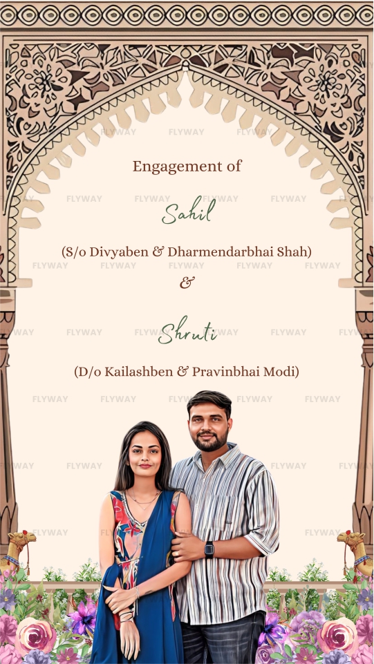 Digital engagement invite with couple illustration and Rajasthani floral arch