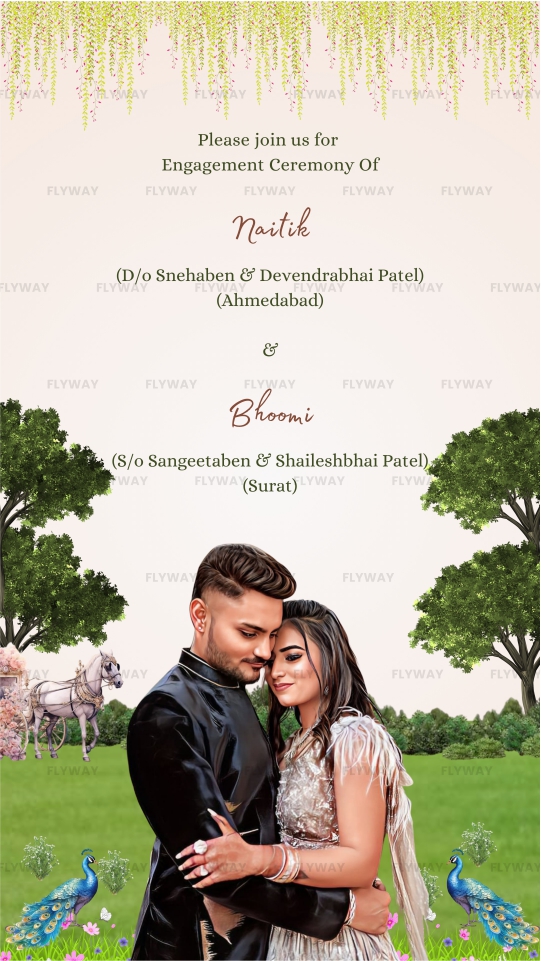 Engagement couple invite with horse carriage and peacocks
